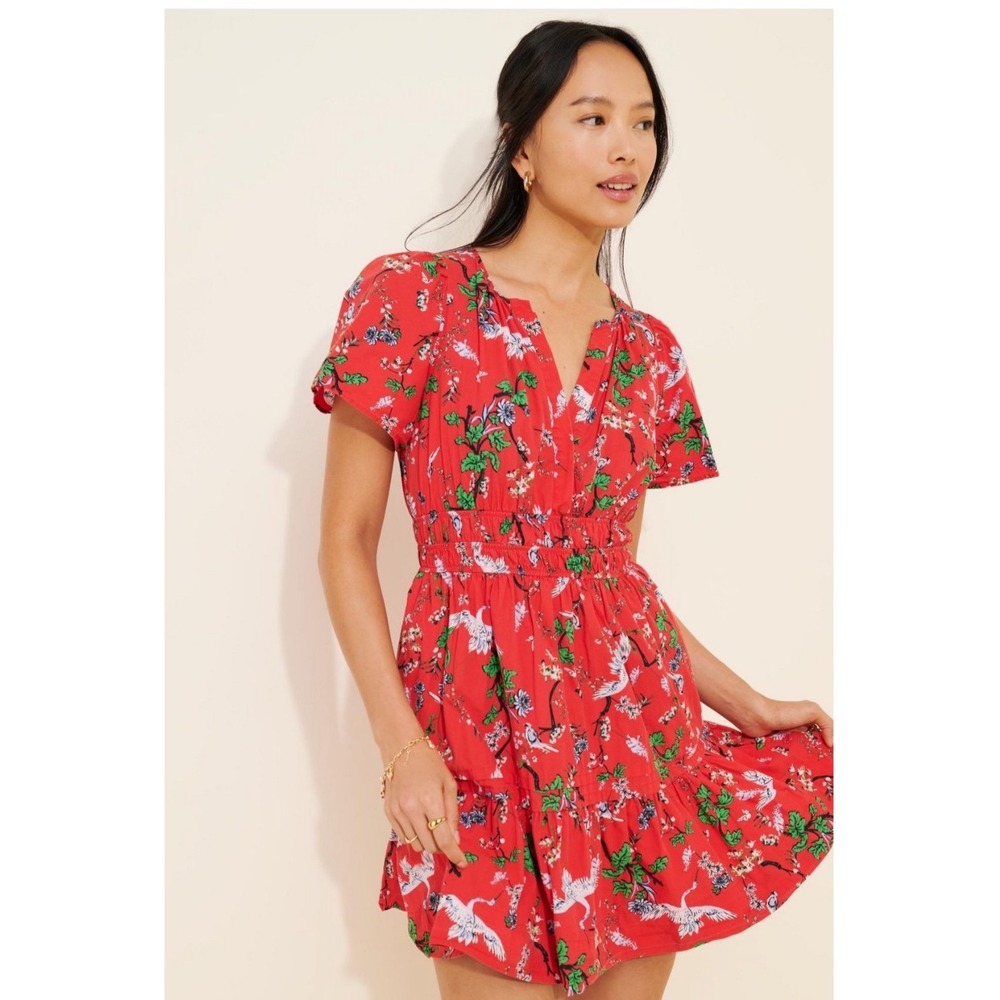Anthropologie Somerset Mini Dress Red Floral Crane Print Smocked Waist XXS